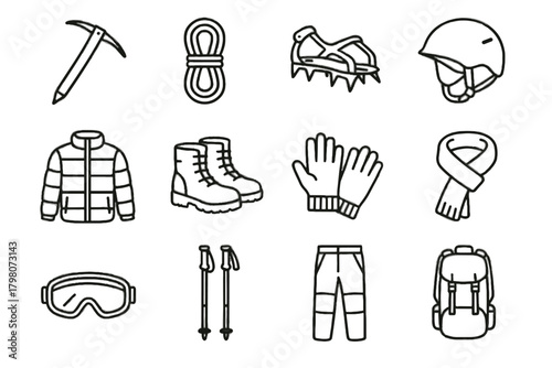 Poles jacket backpack mountain crampons scarf trekking insulated snowy ice vector gear