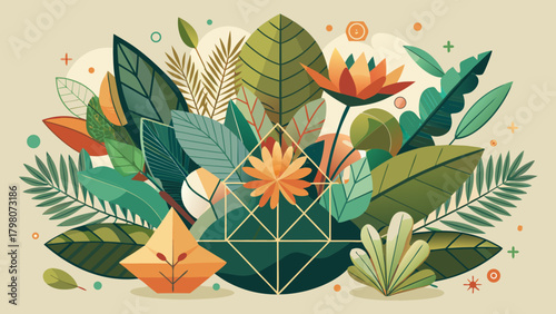 Organic meets geometric: a balanced botanical vector scene with geometric harmony