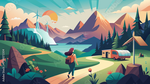 Sustainable mountain travel scene in a calming green palette with eco-friendly details