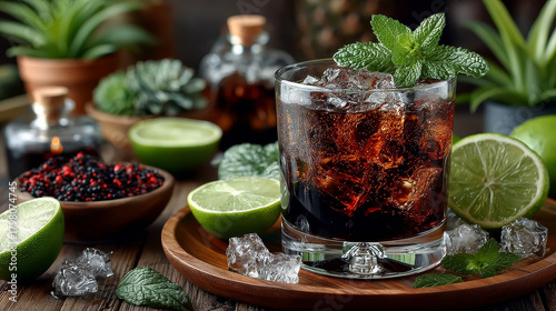Cuba Libre Drink with lime and Cola,on a wooden plate
