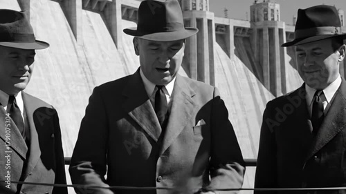 Vintage black and white montage of a major dam construction and opening.