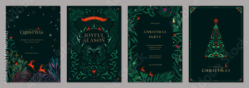 Elegant Botanicals Holiday cards. Abstract creative templates with Christmas tree, reindeers, birds, ornate floral frames and backgrounds.
