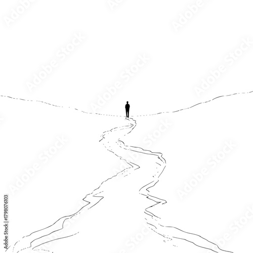 A lone figure stands at the end of a winding path in a minimalist black and white landscape drawing