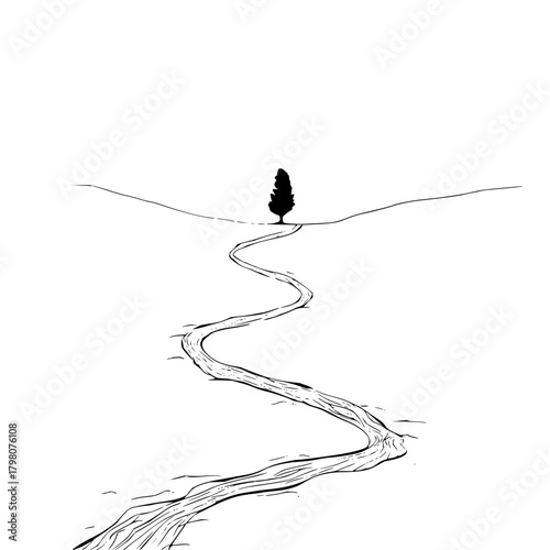 Lone tree standing near a winding river in a minimalist black and white landscape drawing style