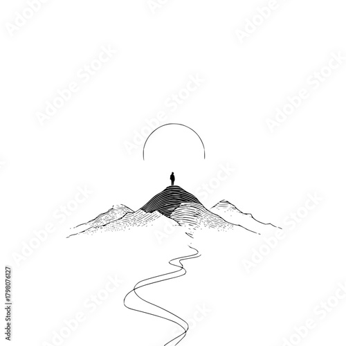 A lone figure stands atop a mountain peak beneath a celestial arc in a minimalist monochrome landscape