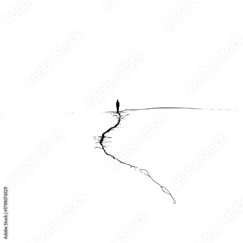 A solitary figure stands at the edge of a crack that extends across a vast white expanse in monochrome