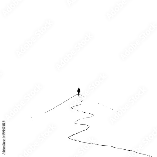 A lone figure walking on a snowy path in a minimalist black and white landscape on a bright white day