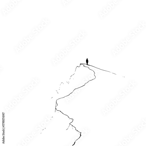 Silhouette of a person standing on a cliff edge against a white background in monochrome style art work