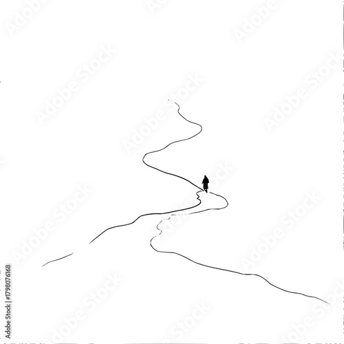 A lone figure walks along a winding path in a minimalist black and white landscape illustration style art