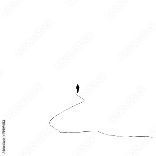 Silhouette of a solitary figure walking a winding path in a vast expanse of white space creating contrast