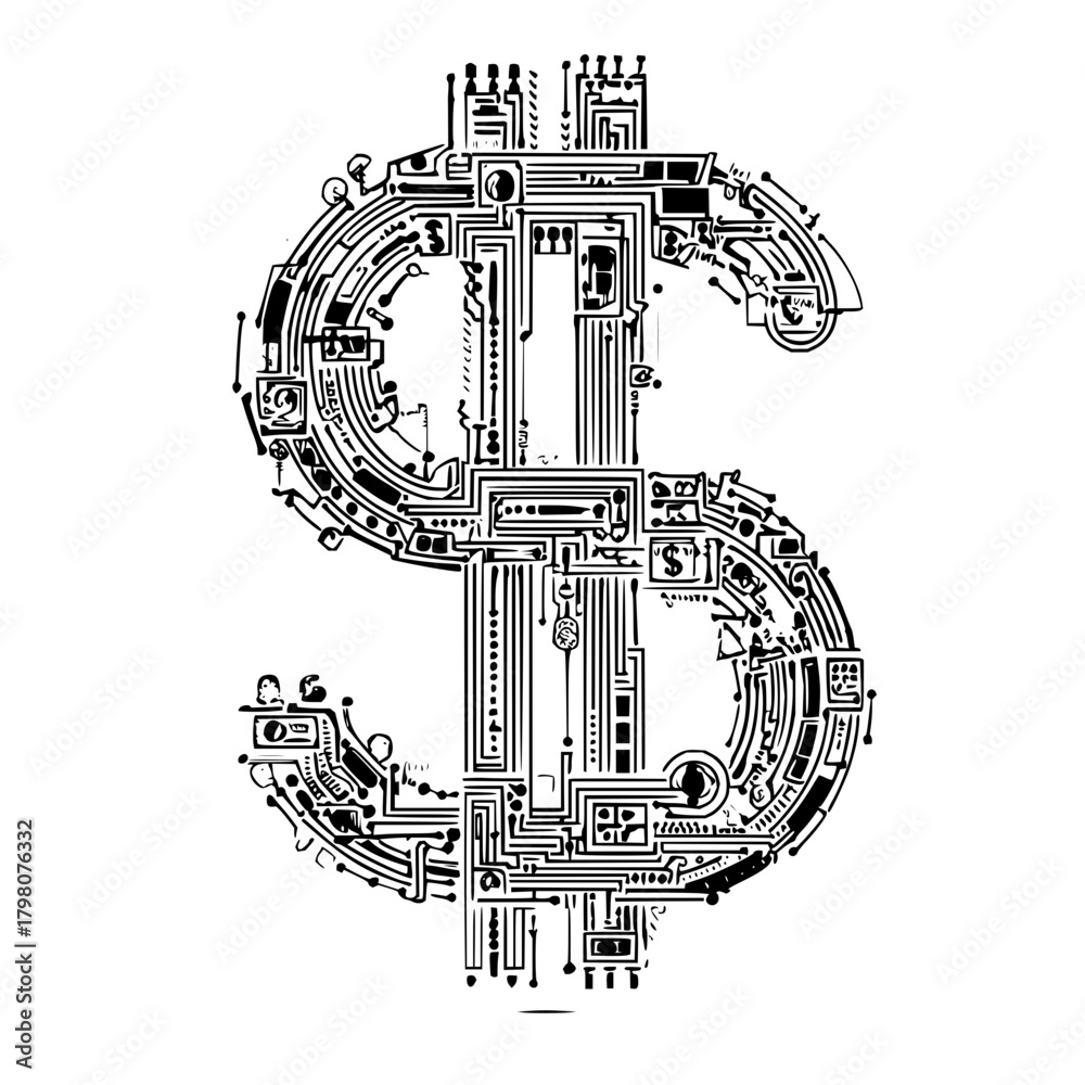Obraz premium A dollar sign intricately designed with circuit board patterns on a white background illustration