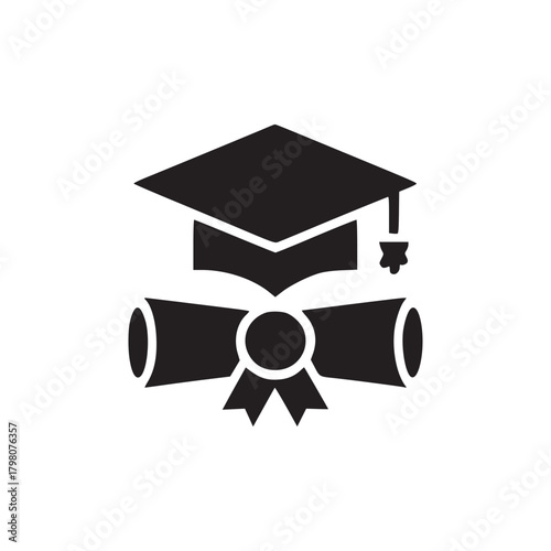 A simple black and white icon showing a graduation cap and diploma representing academic achievement