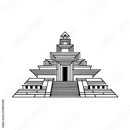 Illustration of a layered pyramid structure with stairs and a central doorway in black and white lines