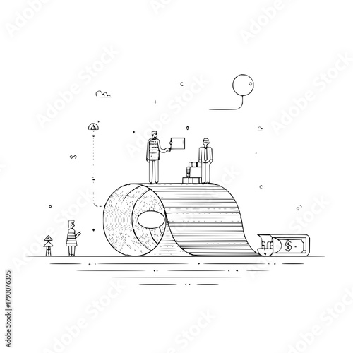 Illustration of people on a giant paper roll with money and a balloon in a black and white drawing