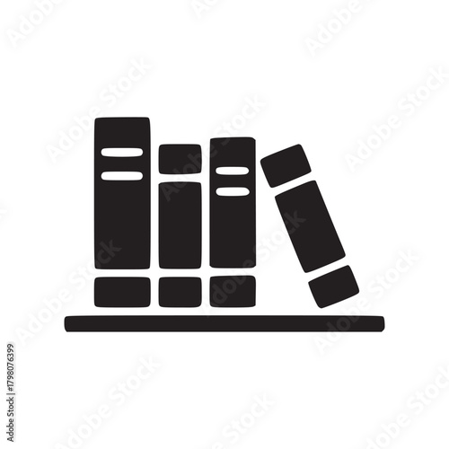 A simple black and white illustration of a bookshelf with four books and one leaning to the right