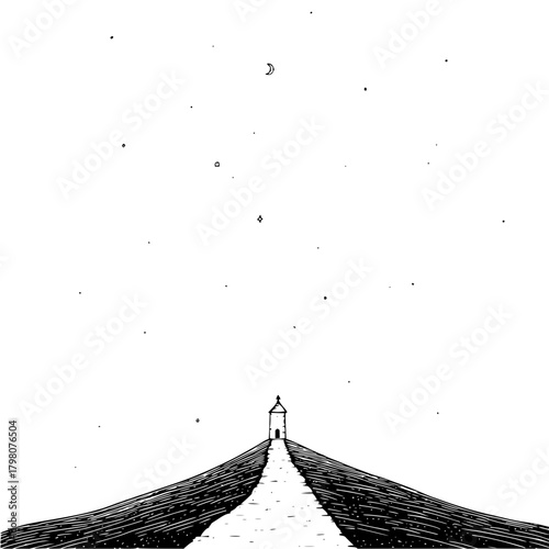 Illustration of a chapel on a hill under a starry night sky with a crescent moon and a path leading up to it