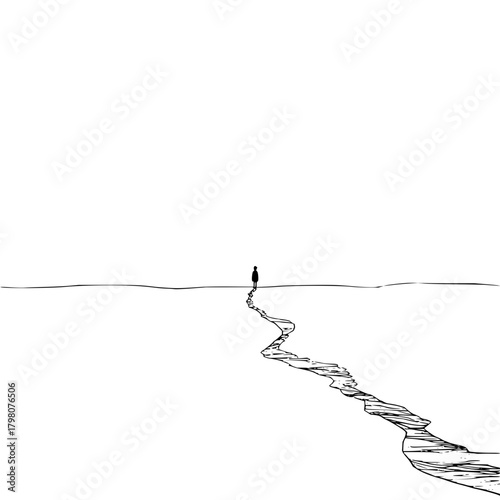A solitary figure stands at the end of a winding path in a minimalist black and white landscape view