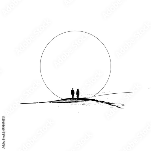 Silhouette of two people standing on a hill with a large circle behind them in black and white minimalist art