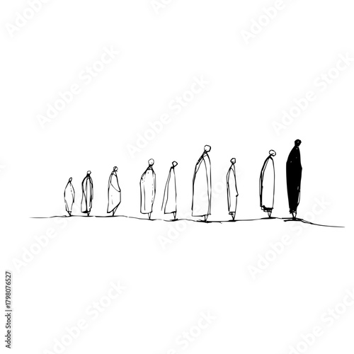 Line of cloaked figures in ink sketch style with one figure filled in black standing apart from others
