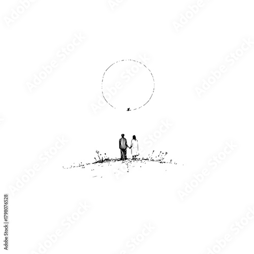 A couple holding hands stands on a hill under a circle with a bird in a minimalist black and white style