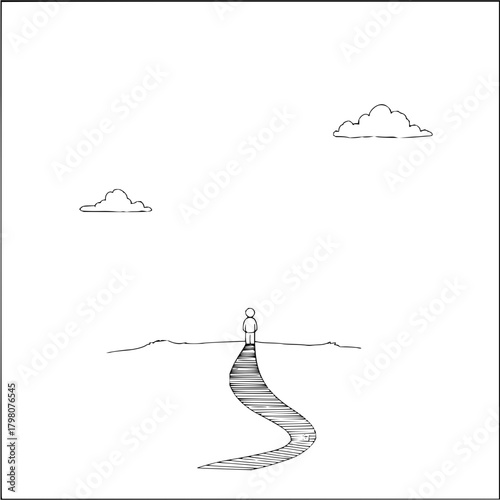 Person standing at the end of a striped path with clouds in a minimalist black and white drawing style