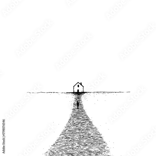 A lone figure walks towards a house on the horizon in a black and white landscape illustration scene
