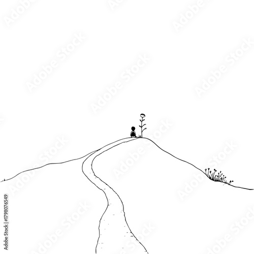 A lone figure sits on a hill next to a flower at the end of a path in a minimalist black and white drawing