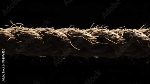 A thick, knotted rope under immense tension suddenly snaps and breaks.