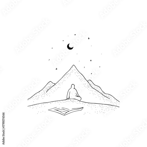 Person meditating on a carpet beneath a crescent moon and stars with mountains in the background scene
