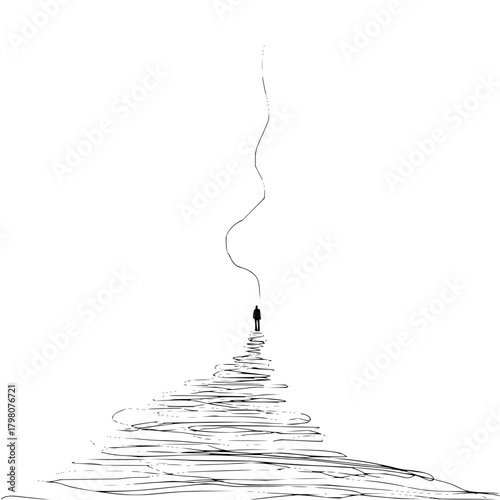 A lone figure standing on a path of scribbles with a line extending upwards in a minimalist design style