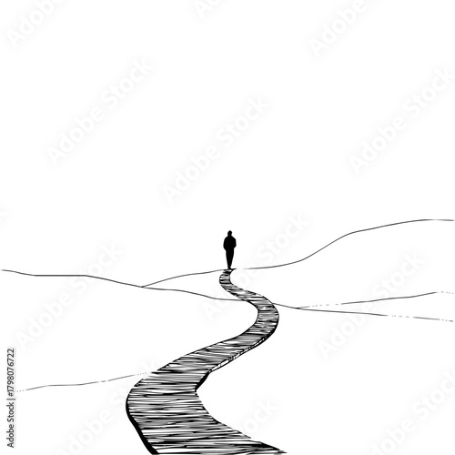 A lone figure stands at the end of a winding path in a minimalist landscape illustration design art