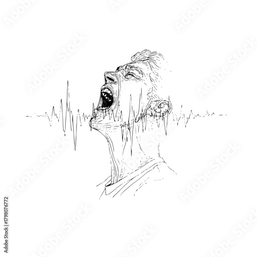 Illustration of a screaming man with sound waves emanating from his mouth in black and white style