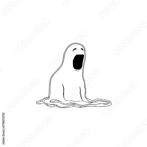 A whimsical drawing of a cartoon ghost with a gaping mouth and a flowing, amorphous body on white background