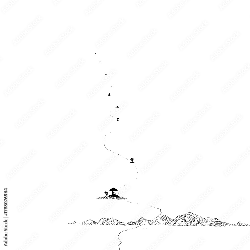 Fototapeta premium A winding path leads from mountains to a small structure with birds flying above in black and white