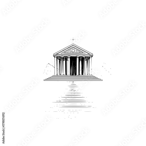 Illustration of a classical building with columns and steps leading up to it in black and white style
