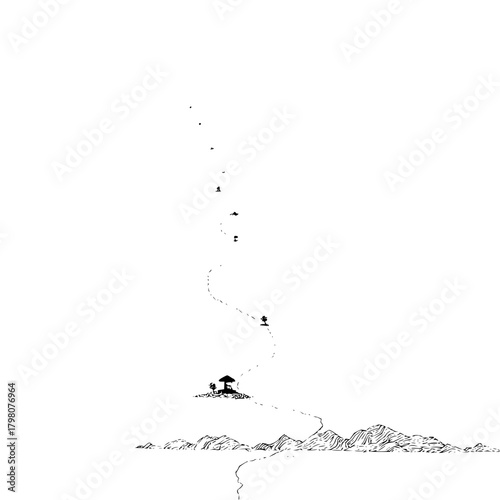 A winding path leads from mountains to a small structure with birds flying above in black and white