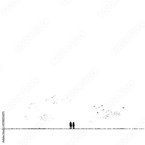 Silhouetted figures stand on a grassy plain beneath a sky filled with scattered birds in monochrome style