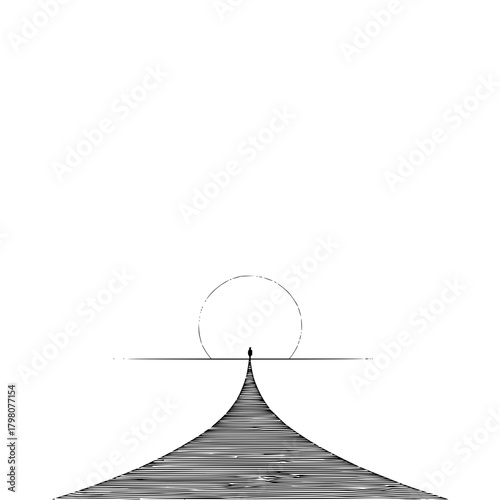 A solitary figure stands at the peak of a striped hill beneath a large circle in a minimalist landscape