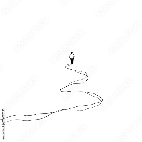 A lone figure stands at the beginning of a winding path in a minimalist black and white landscape art