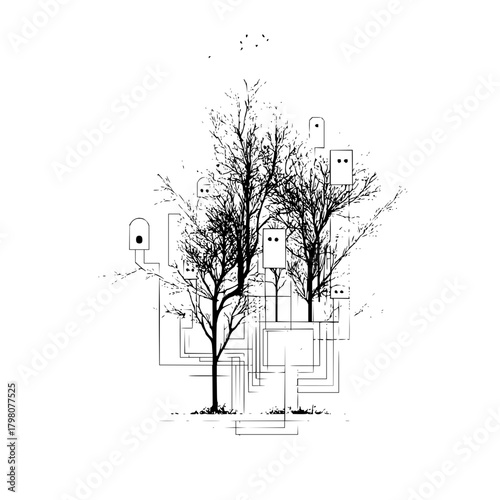 Illustration of bare trees and geometric shapes with faces in a monochrome black and white style art