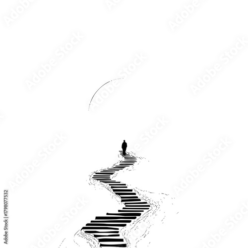 Person walking up a long winding staircase towards a faint light in a black and white illustration