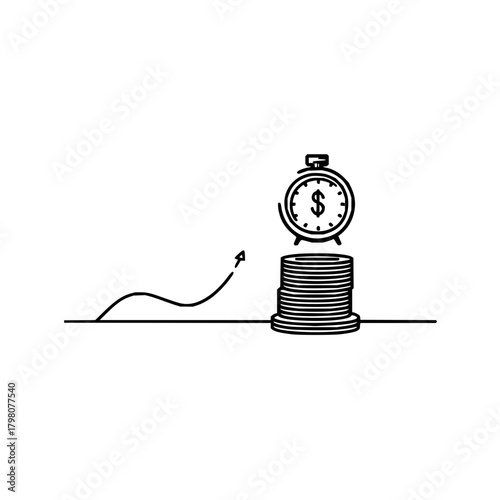 Illustration of a stack of coins with a clock on top and an arrow indicating growth in black and white