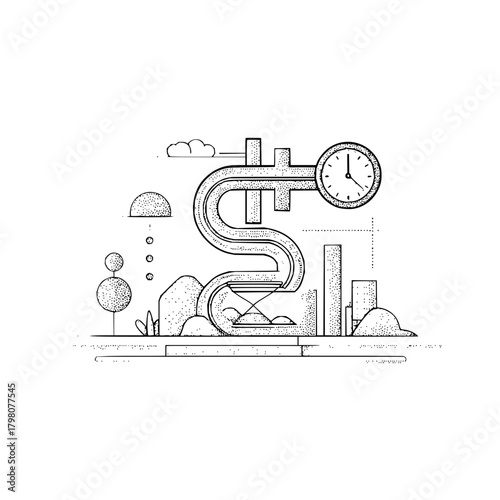 Illustration of a dollar sign with a clock and hourglass in a landscape with trees and buildings art