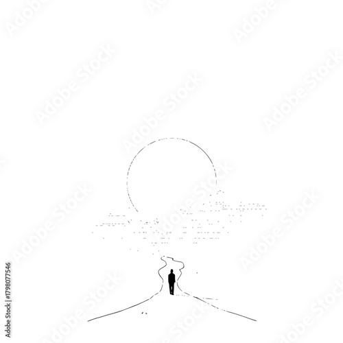 A lone figure walking on a winding path towards a distant circle under a bright white sky landscape scene
