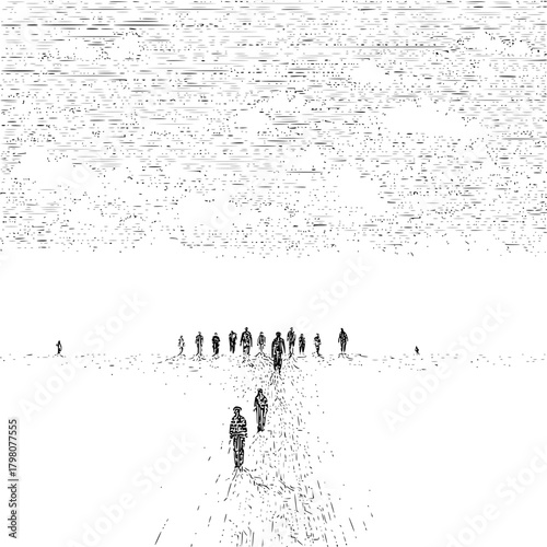 A group of people walking towards the viewer in a desolate landscape with a textured sky above them
