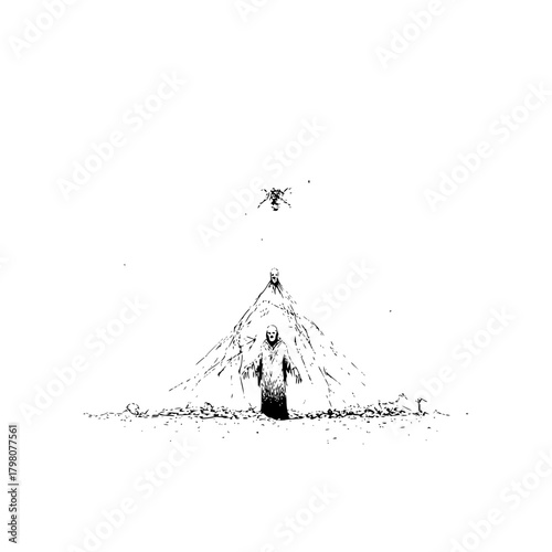 A monochrome illustration of hooded figures standing before a peak with a bug like figure above it