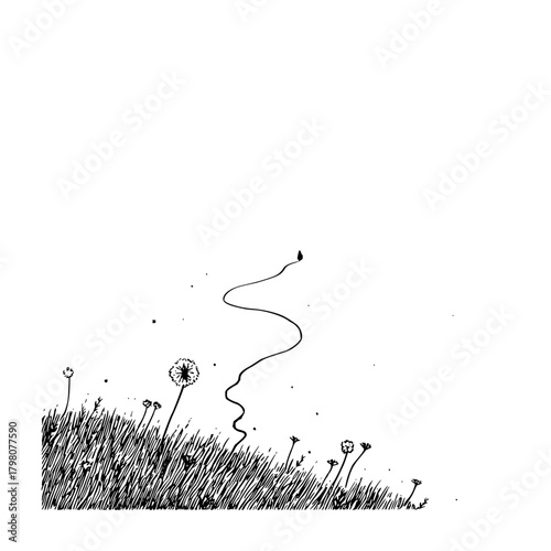 A black and white drawing of dandelions in a field with one seed floating away in the wind on a white background