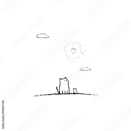 Two cats sitting in a field looking at the sun with clouds in the sky in a simple line drawing style