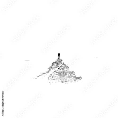 A lone figure stands atop a mountain peak reached by a winding path in a minimalist drawing style