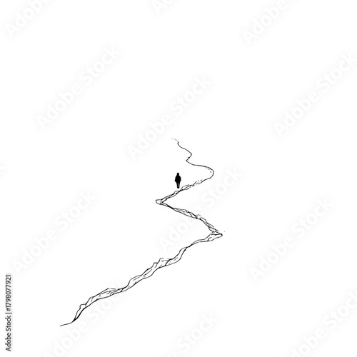 A lone figure walking on a winding path in a minimalist black and white landscape illustration style scene